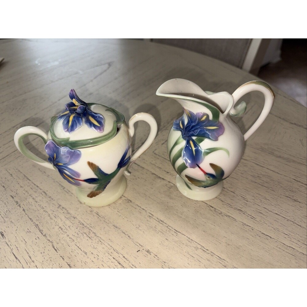 Franz Porcelain Hummingbird Sugar Jar Bowl & CREAMER Floral Design Beautiful!